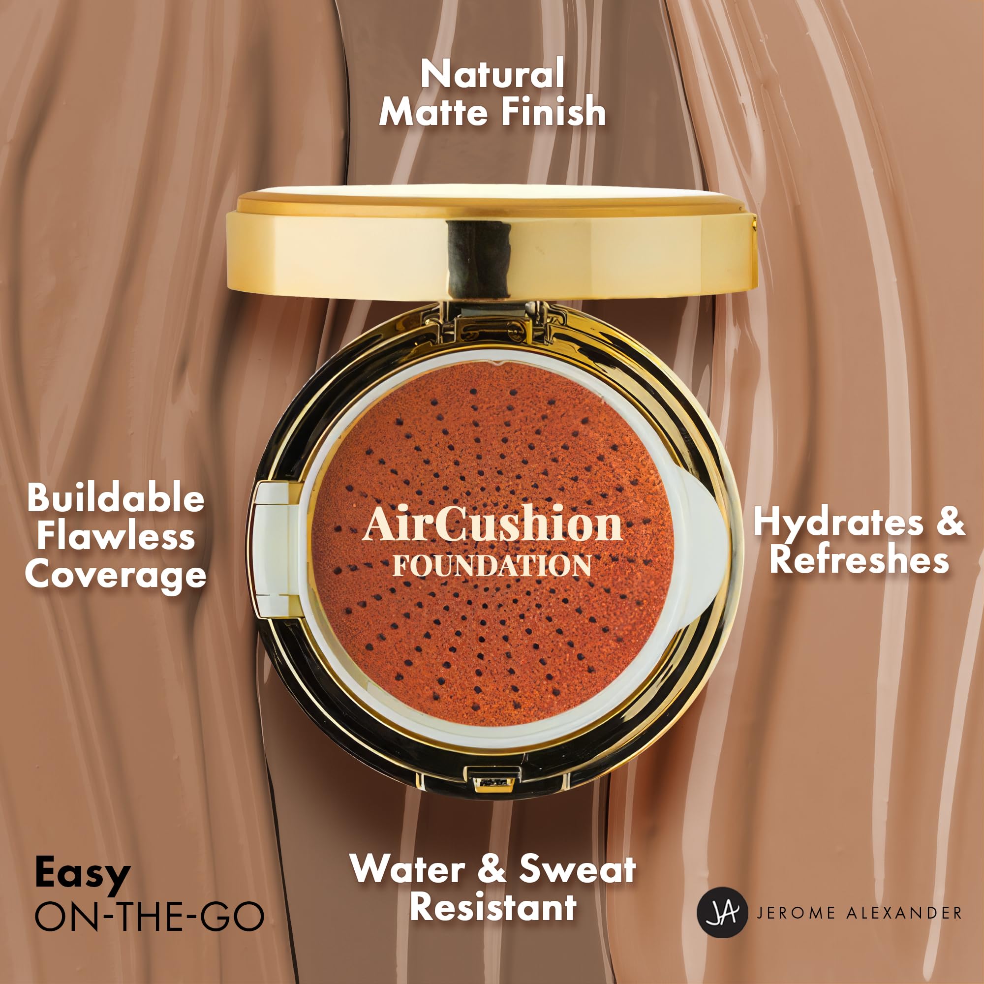 Jerome Alexander AirCushion open compact shows portable foundation for on-the-go touch-ups.