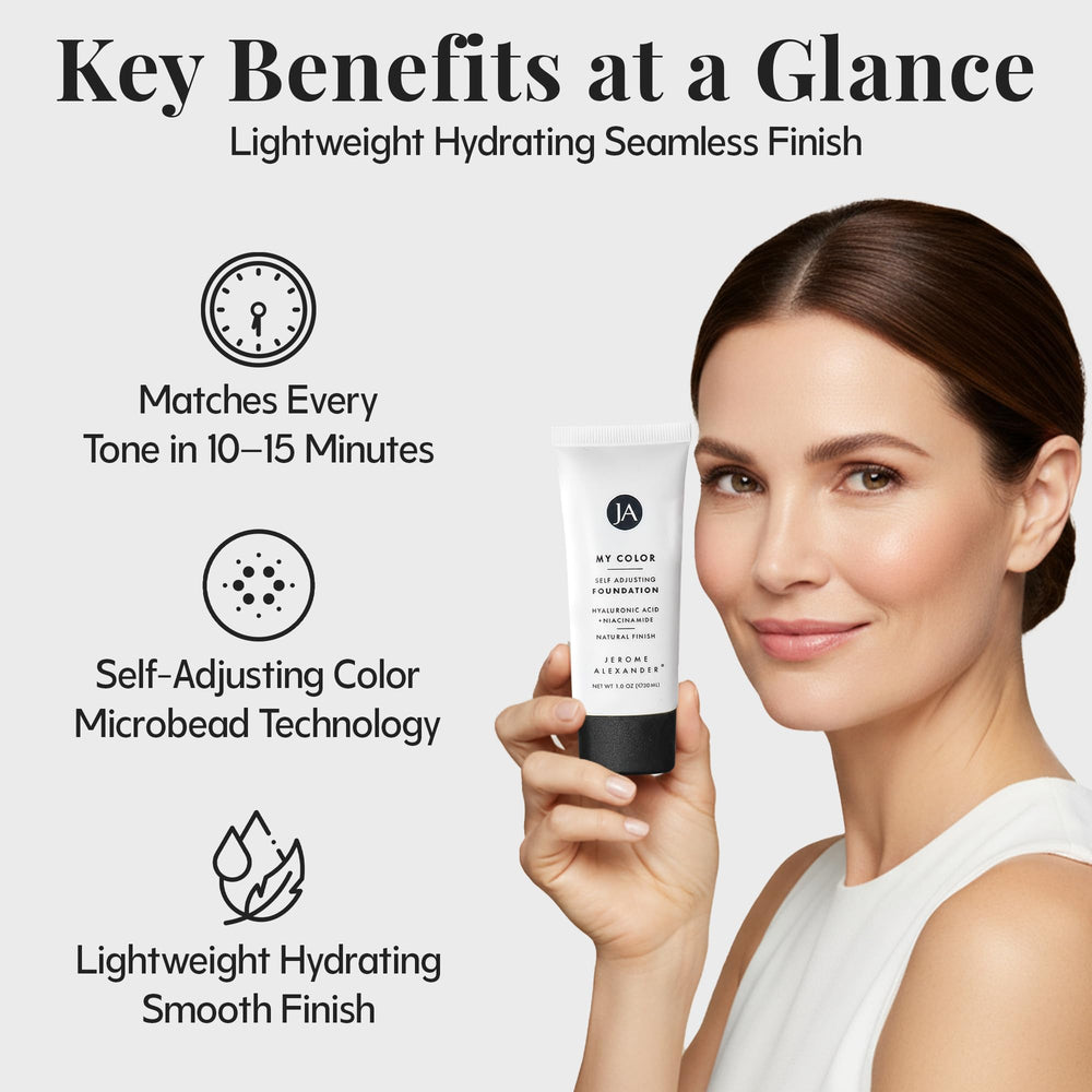 Jerome Alexander foundation enriched with Hyaluronic Acid and Niacinamide for hydration.
