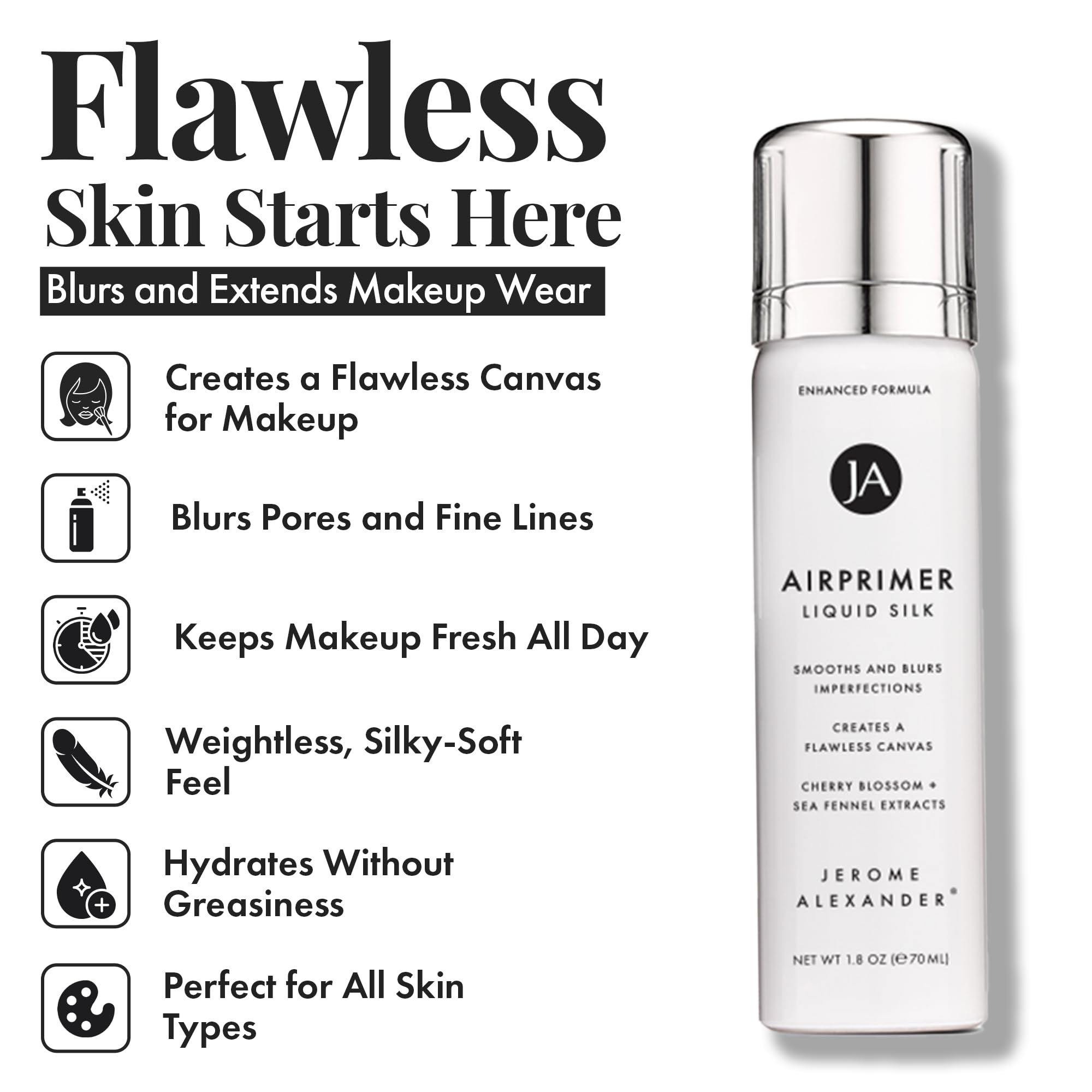 Jerome Alexander MagicMinerals airbrush primer bottle smoothing pores for a flawless base.