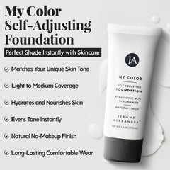 Jerome Alexander My Color Self-Adjusting Foundation with Kabuki brush enables seamless application.