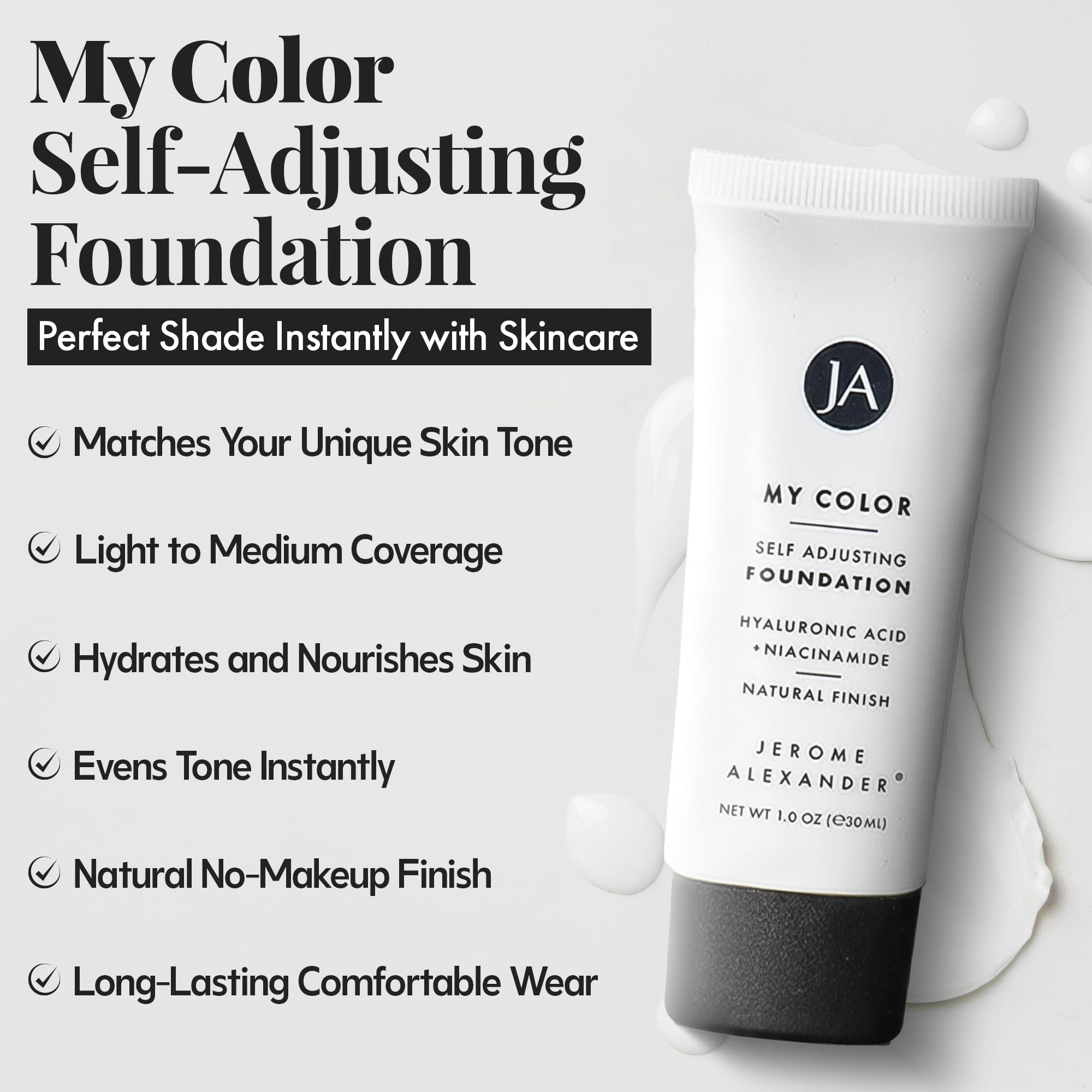 Jerome Alexander self-adjusting foundation color microbeads close-up showing auto shade detection for a seamless match.