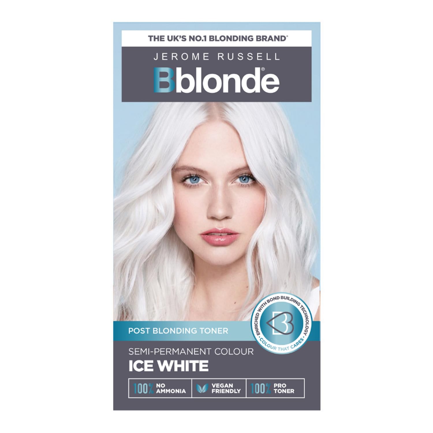 Jerome Russell Bblonde Ice White toner bottle for salon-like icy blonde results.