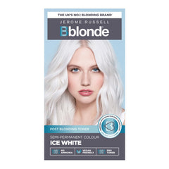 Jerome Russell Bblonde Ice White toner bottle for salon-like icy blonde results.