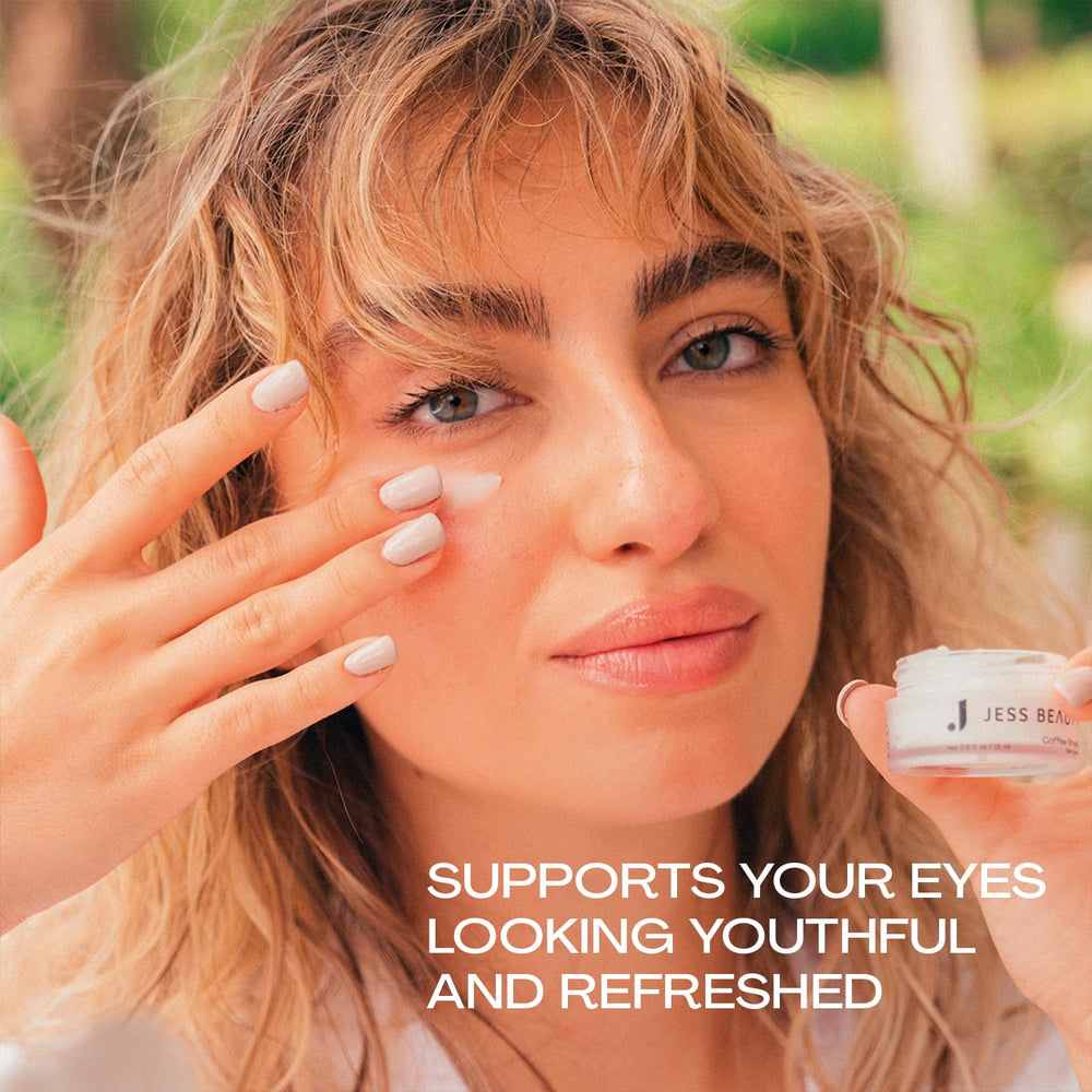 JESS BEAUTY Coffee Break Eye Cream application shows easy day and night use.