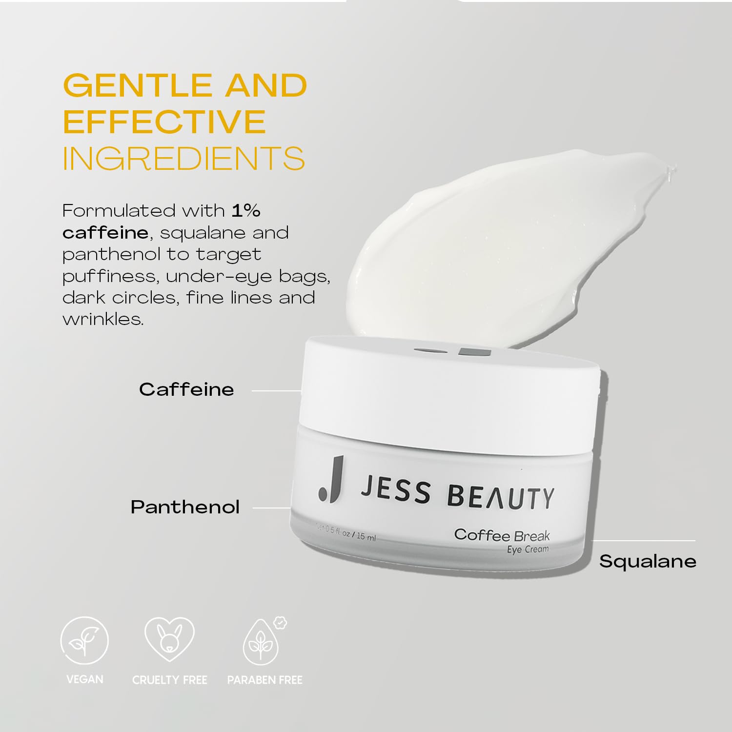 JESS BEAUTY Coffee Break Eye Cream with panthenol adds soothing moisture around eyes.