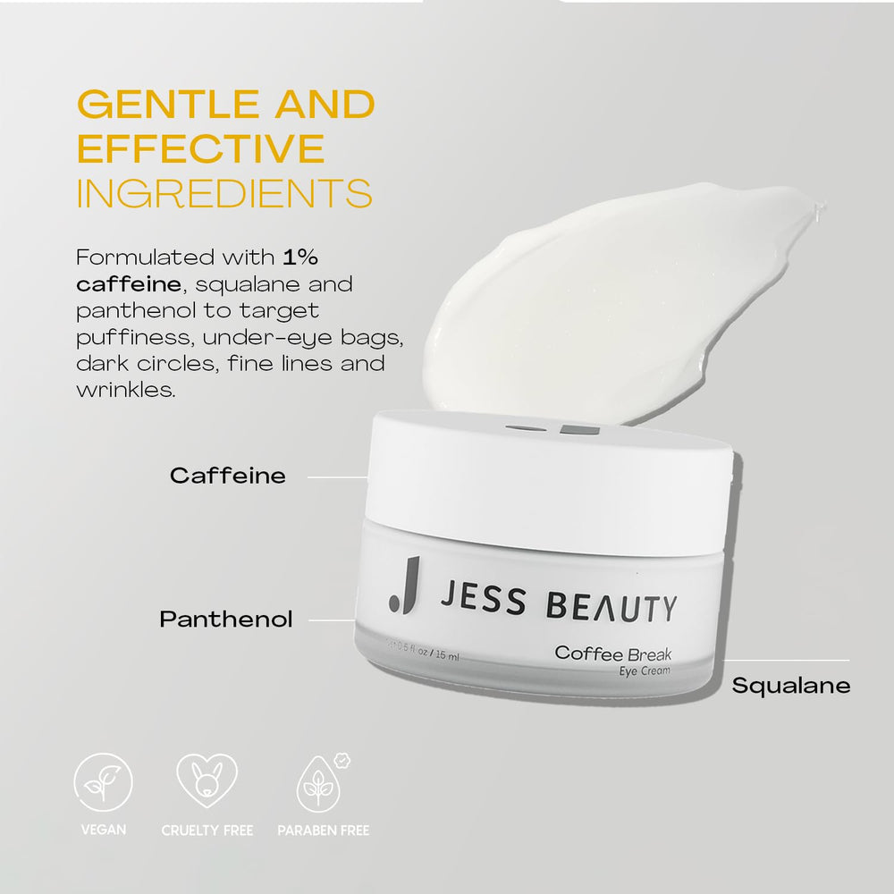 JESS BEAUTY Coffee Break Eye Cream with panthenol adds soothing moisture around eyes.