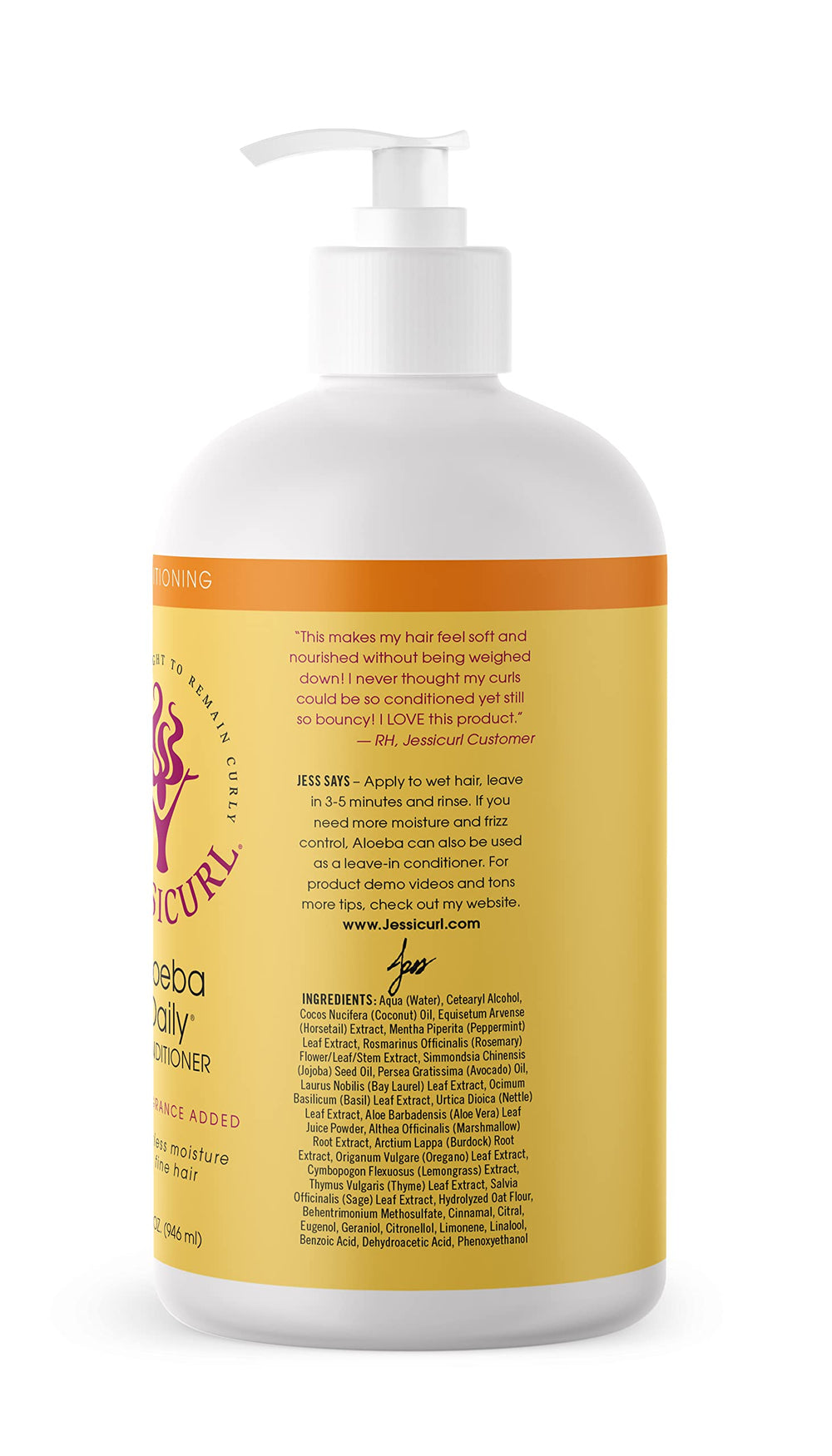 Jessicurl Aloeba bottle and label indicating color-treated hair safe formula.