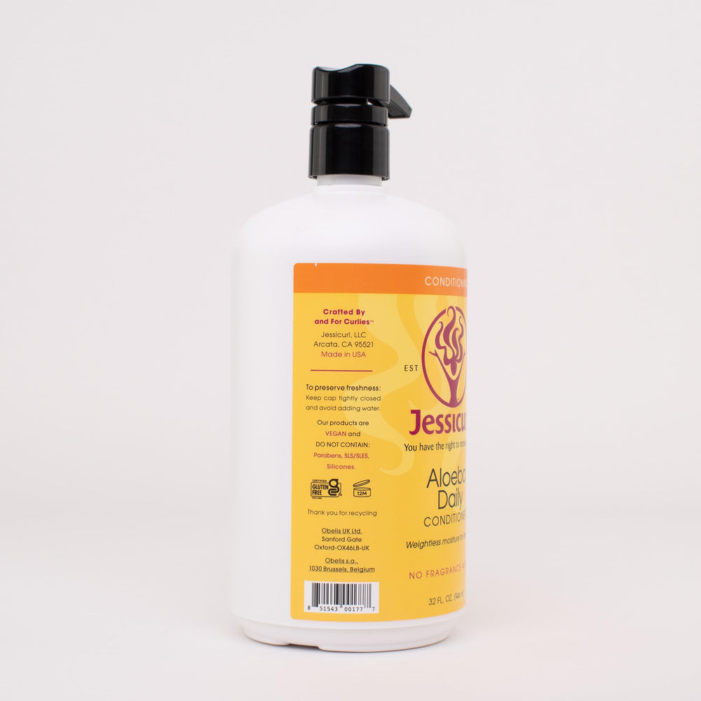 Jessicurl Aloeba bottle with natural oils suggested for hydration and manageability.