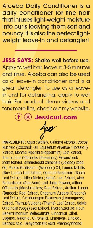 Jessicurl Aloeba ingredient blend close-up highlighting aloe and oils keeping strands nourished.