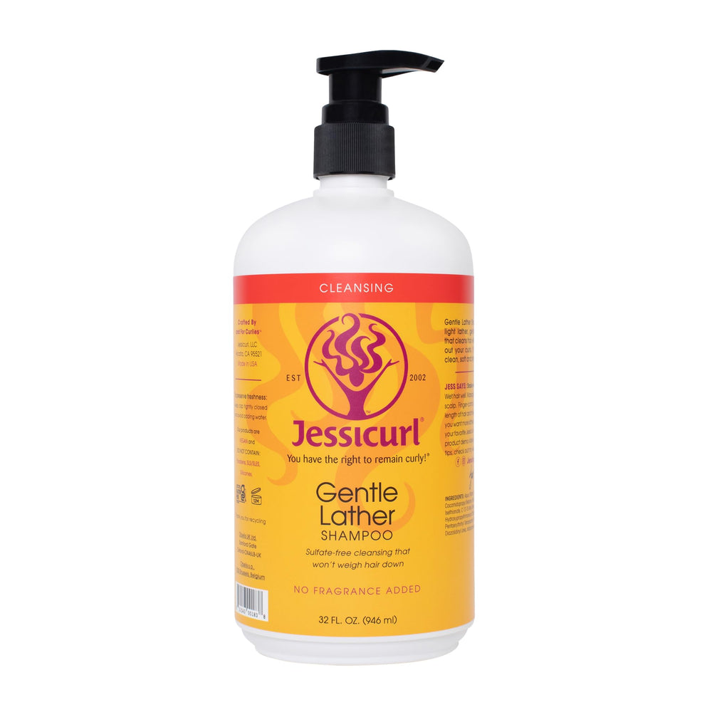 Jessicurl Gentle Lather Shampoo bottle with no fragrance, color-safe and gentle for all hair types.