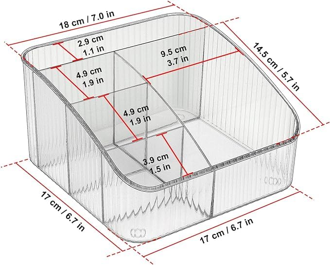 JessLab makeup organizer five-compartments layout keeps brushes and palettes arranged.