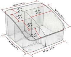 JessLab makeup organizer five-compartments layout keeps brushes and palettes arranged.
