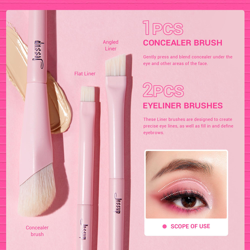 Jessup concealer brush pink flat head targets under eyes for smooth coverage.