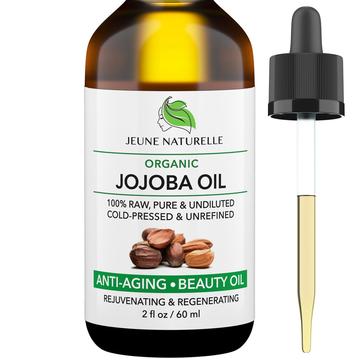 Jeune Naturelle jojoba oil bottle pour for nourishing hair and skin.