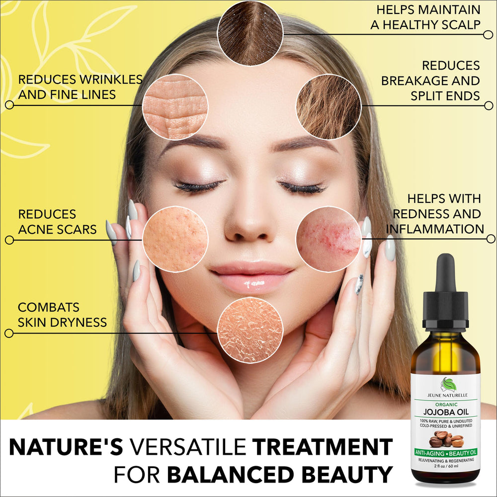 Jeune Naturelle jojoba oil on hair nourishes from roots to ends.