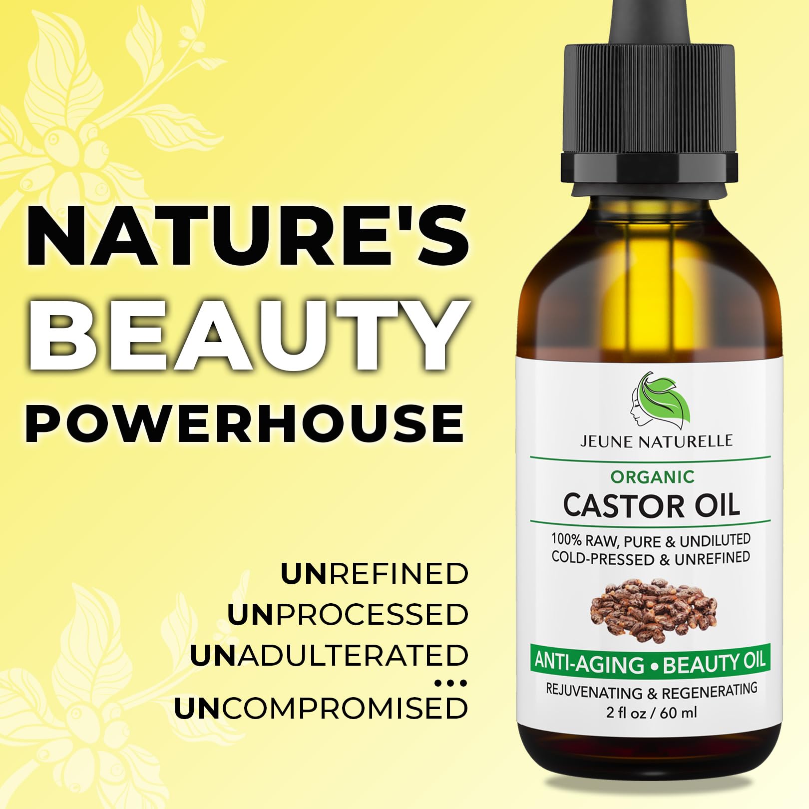 Jeune Naturelle Castor Oil bottle closeup showing golden unrefined texture.