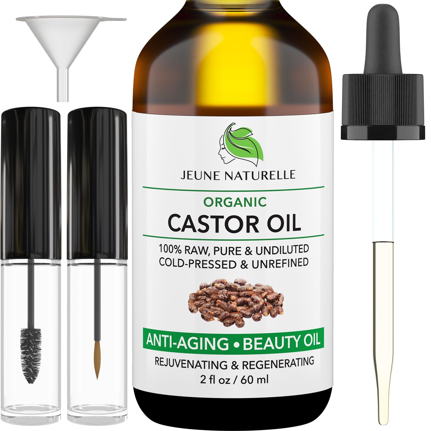 Jeune Naturelle Castor Oil bottle front, pure, nutrient-rich hair care option.