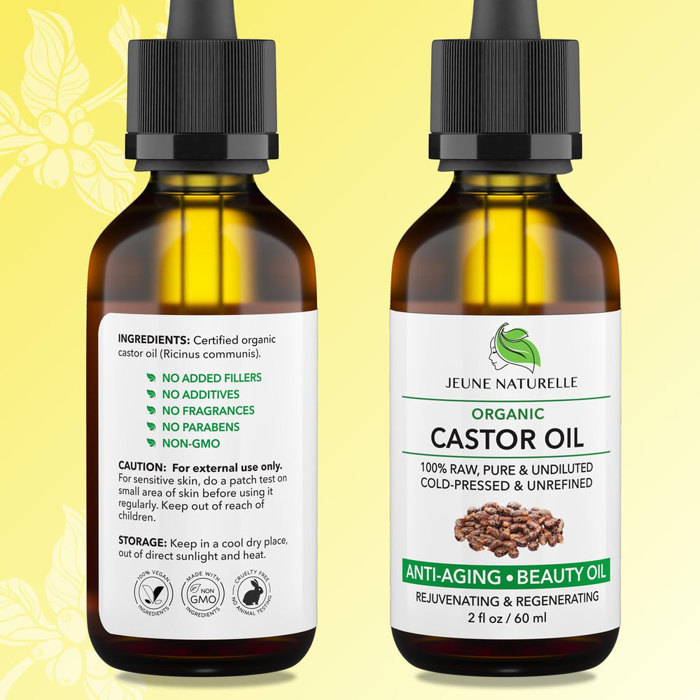 Jeune Naturelle Castor Oil glass bottle packaging ready for daily use.
