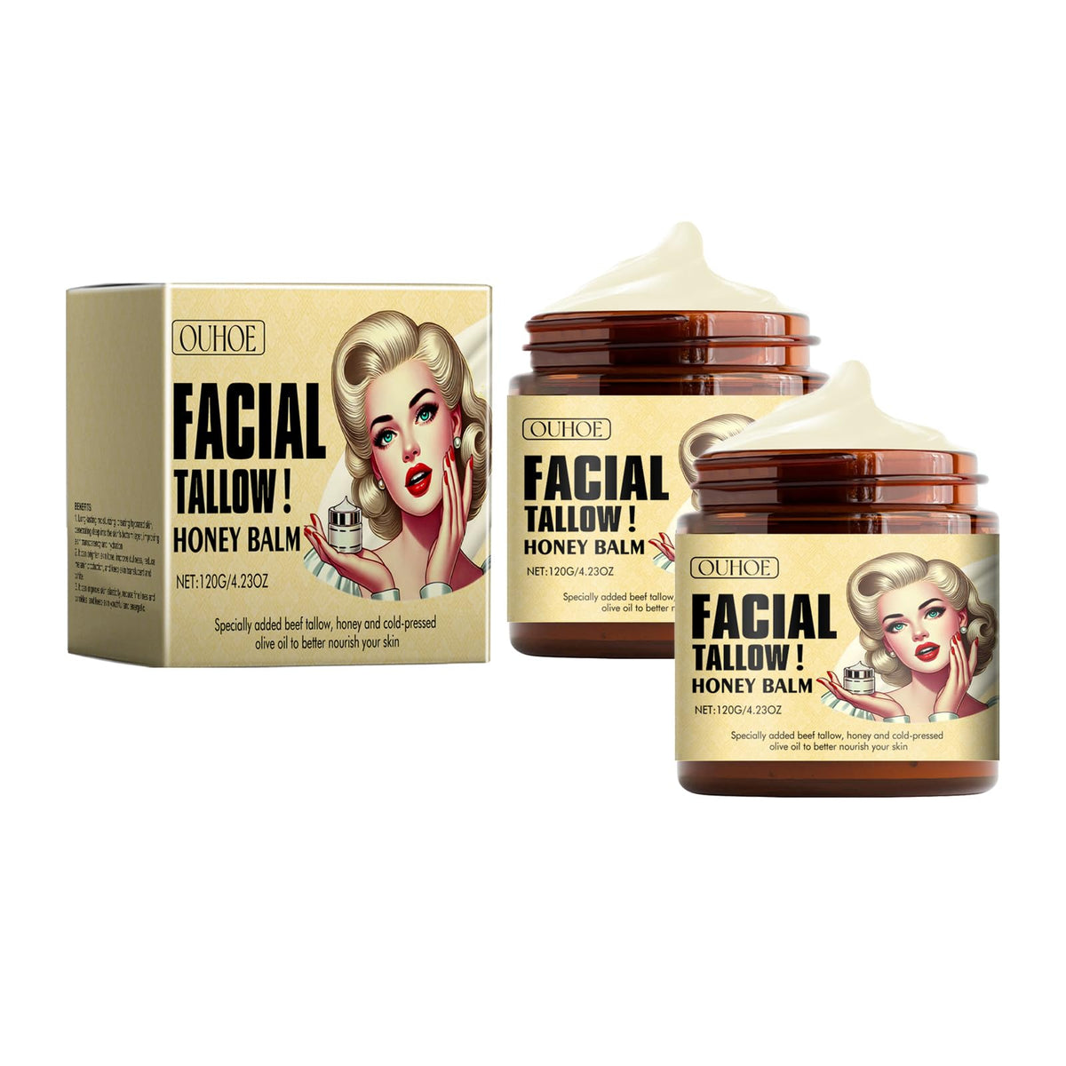 JeurLrok Whipped Beef Tallow Honey Balm packaging shown for easy application and storage.