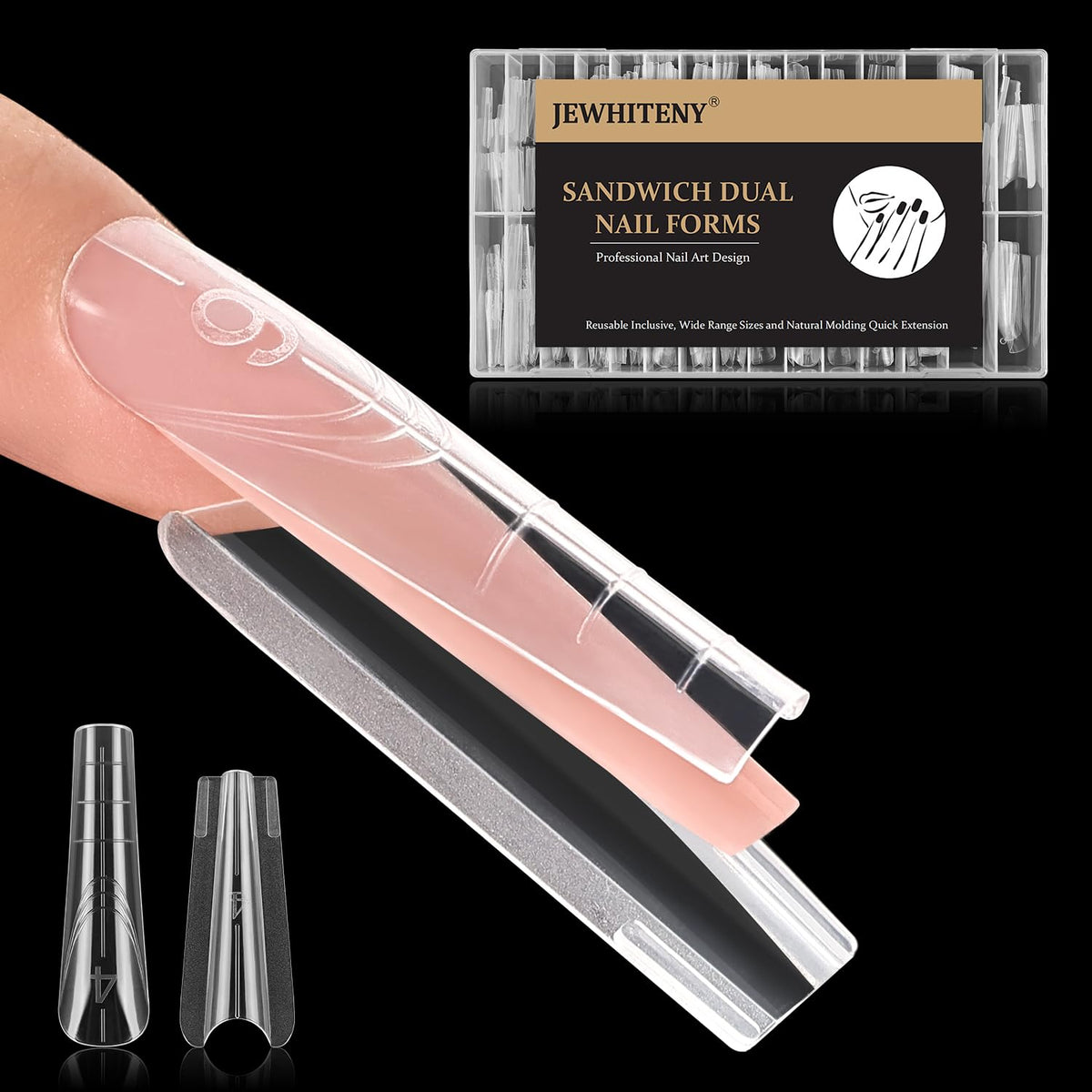 JEWHITENY 280pcs sandwich nail forms packaging for precise extensions at home or in salon