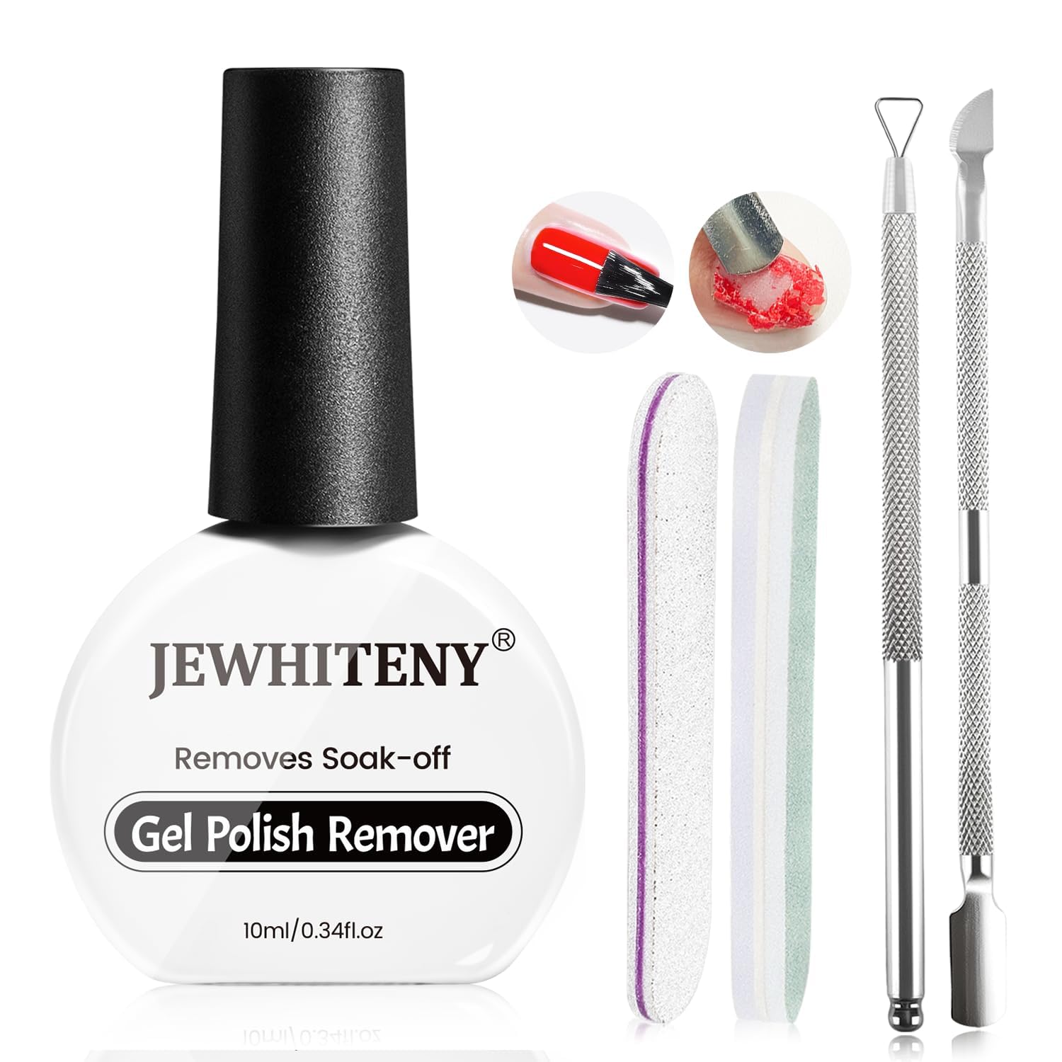 JEWHITENY gel polish remover bottle, 10 ml, ideal for quick on-the-go polish removal.