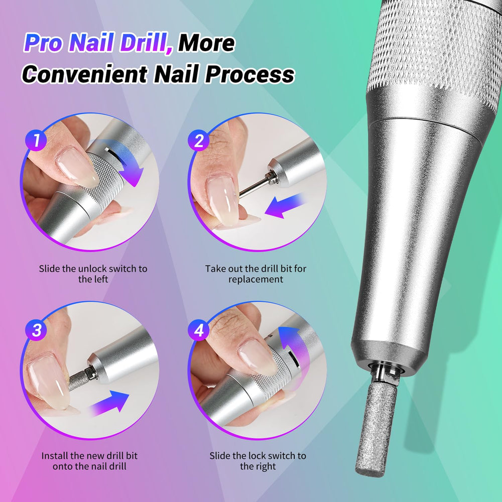JEWHITENY nail drill screen displays speed, direction, and battery level.