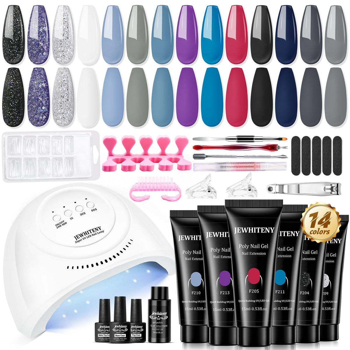 JEWHITENY poly nail gel kit with 14 colors displayed for creative gels at home