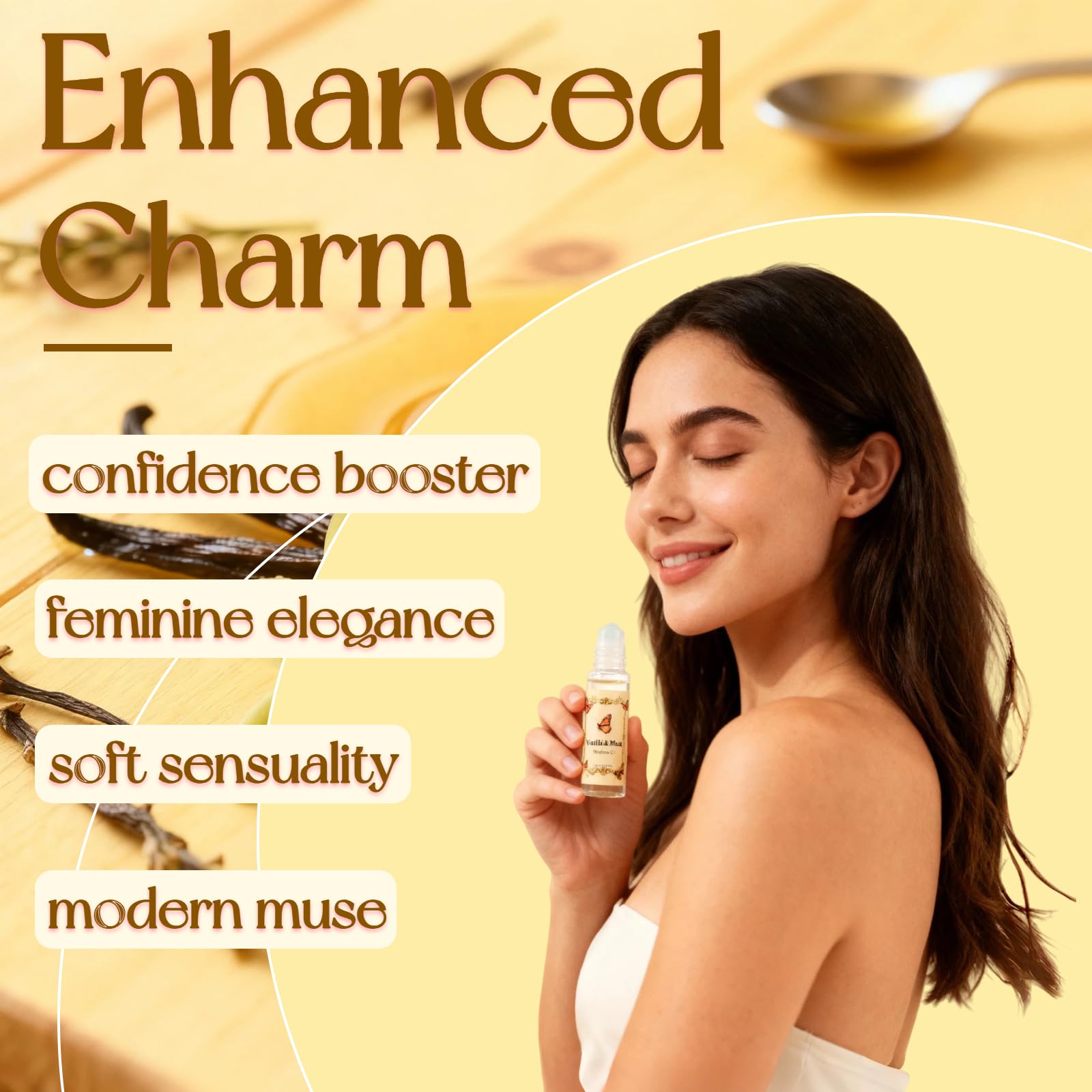 Jgppe Vanilla Perfume musk note adds warmth to skin for a cozy aura.
