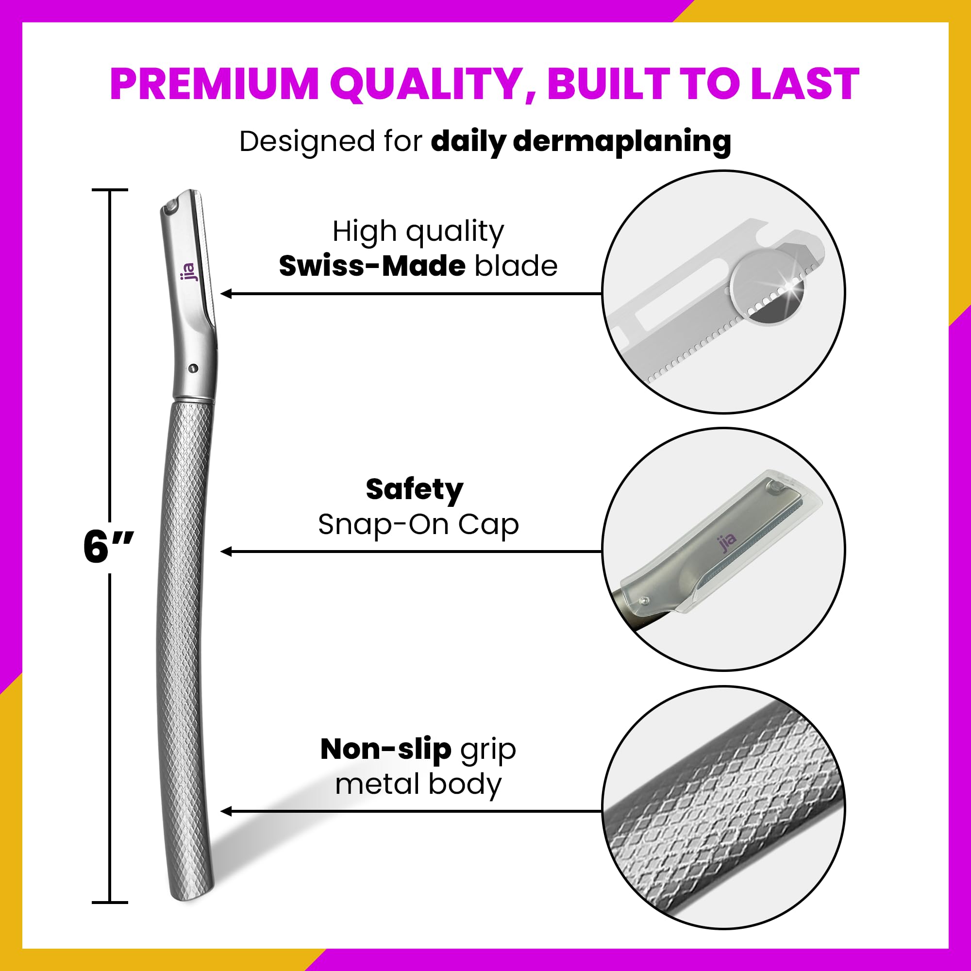 Durable zinc alloy handle from Jia Dermaplane for a balanced grip during grooming.