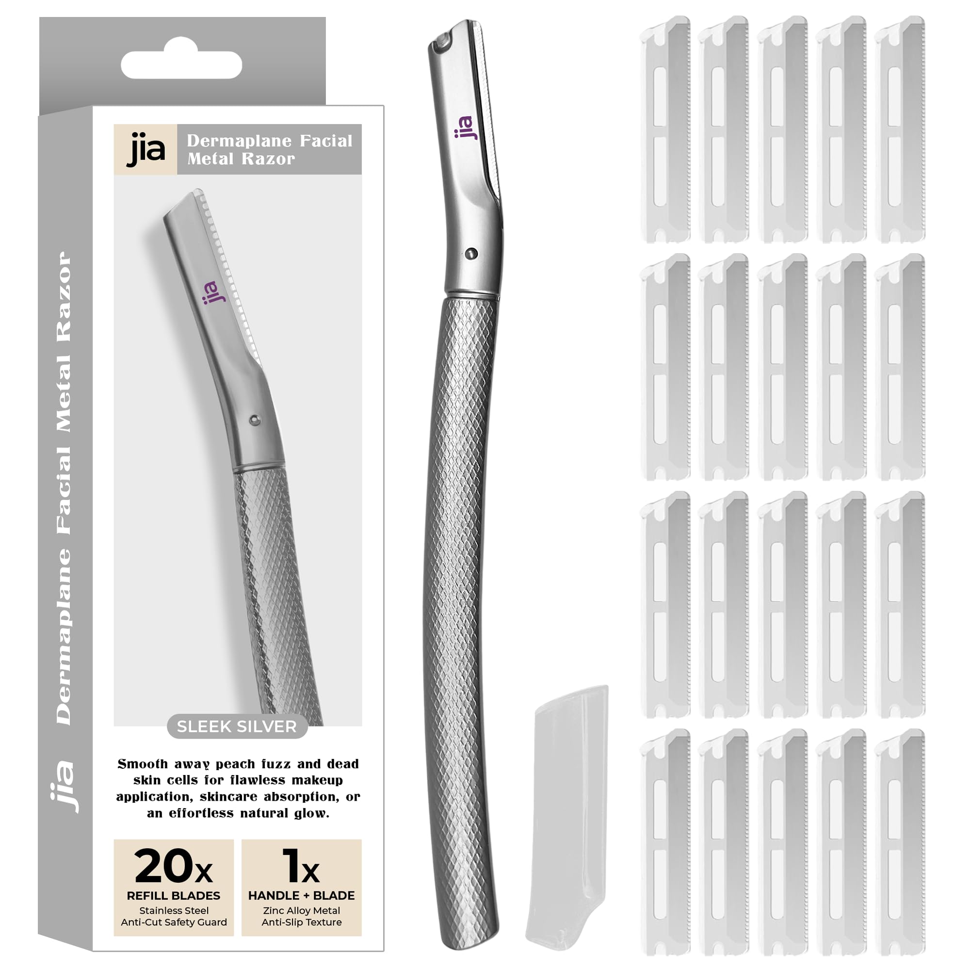 Jia Dermaplane razor with Swiss-made blades for precise trimming and easy blade changes.