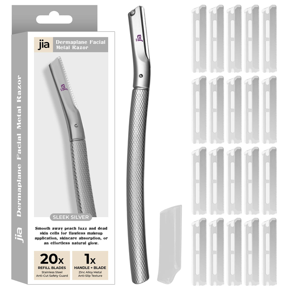 Jia Dermaplane razor with Swiss-made blades for precise trimming and easy blade changes.