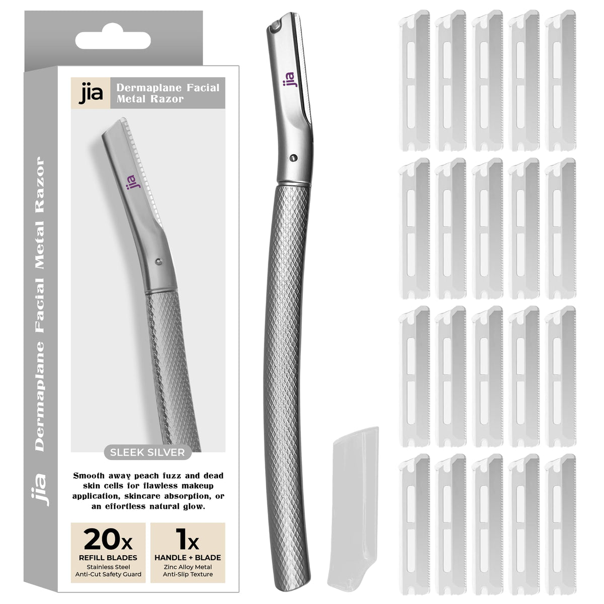 Jia Dermaplane razor with Swiss-made blades for precise trimming and easy blade changes.