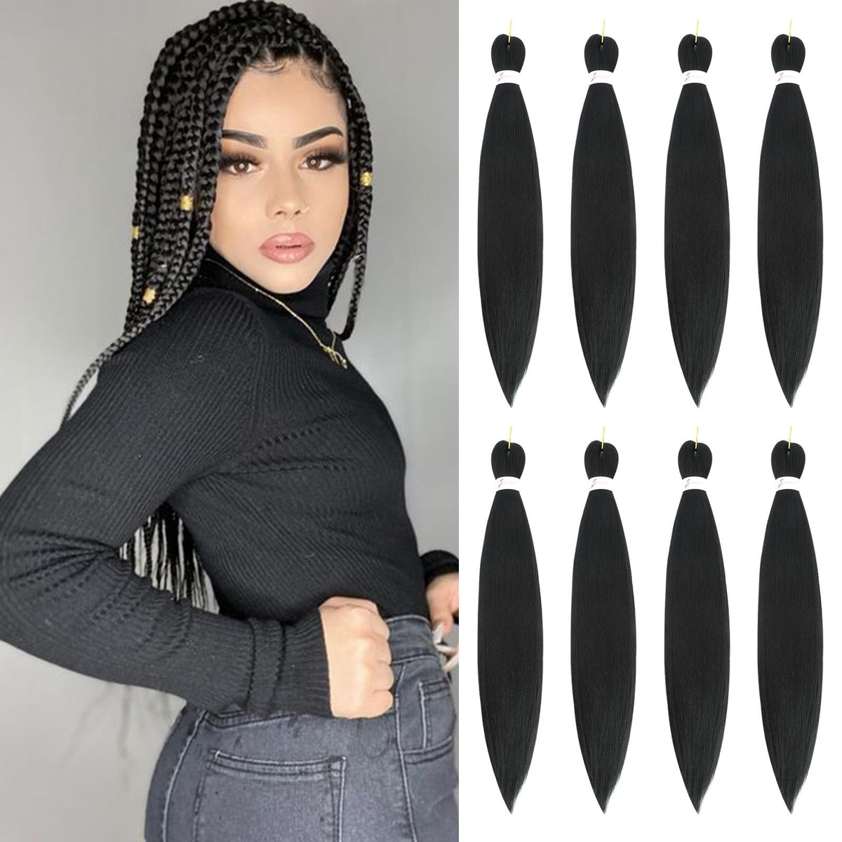 JIEANYAN pre-stretched braiding hair in 24 inch 1B for smooth braiding.