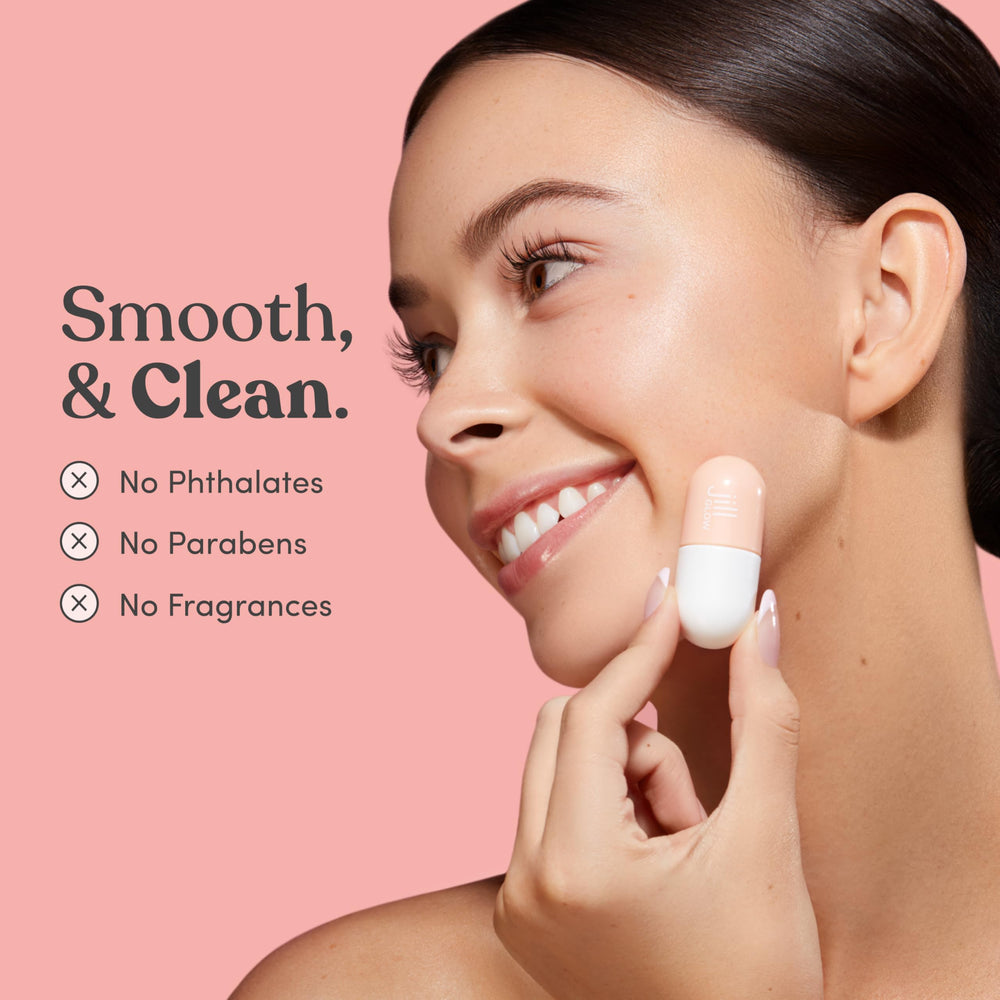 JILL Glow jojoba oil drop indicates repair and moisture.