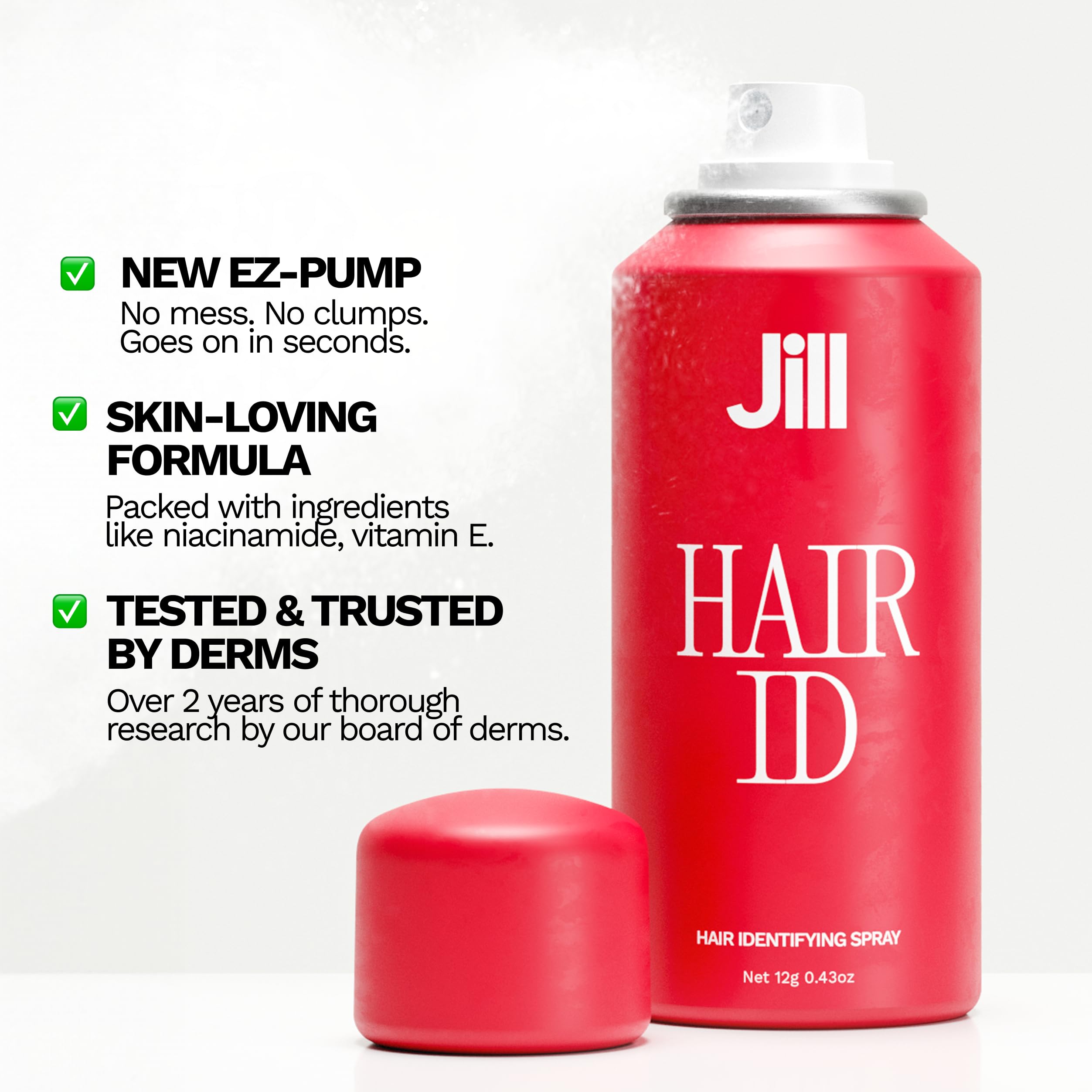 JILL Hair Identifying Spray aids eyebrow shaping by showing tiny hairs along hairline.