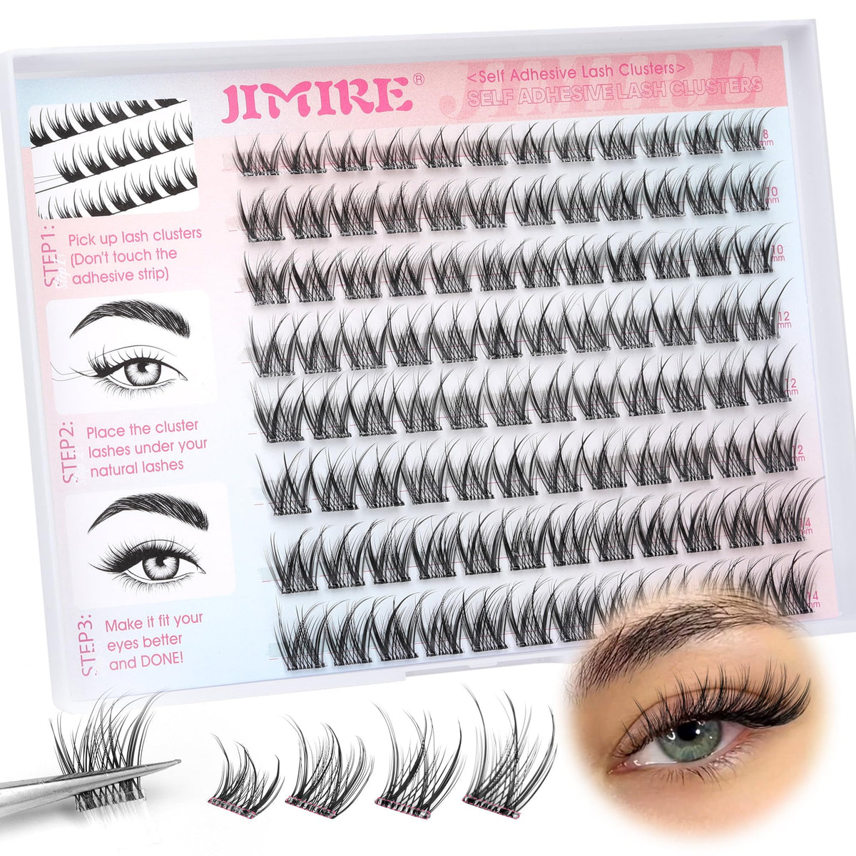 Jimire self-adhesive lashes wispy 8-14mm for natural day-to-night wear.
