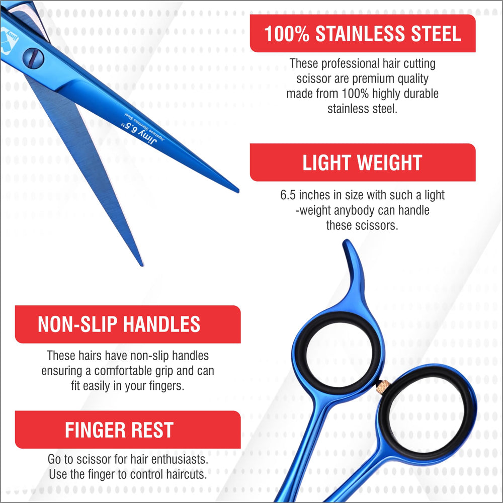 Jimy hair cutting scissors with cushioned finger rings reduce hand strain