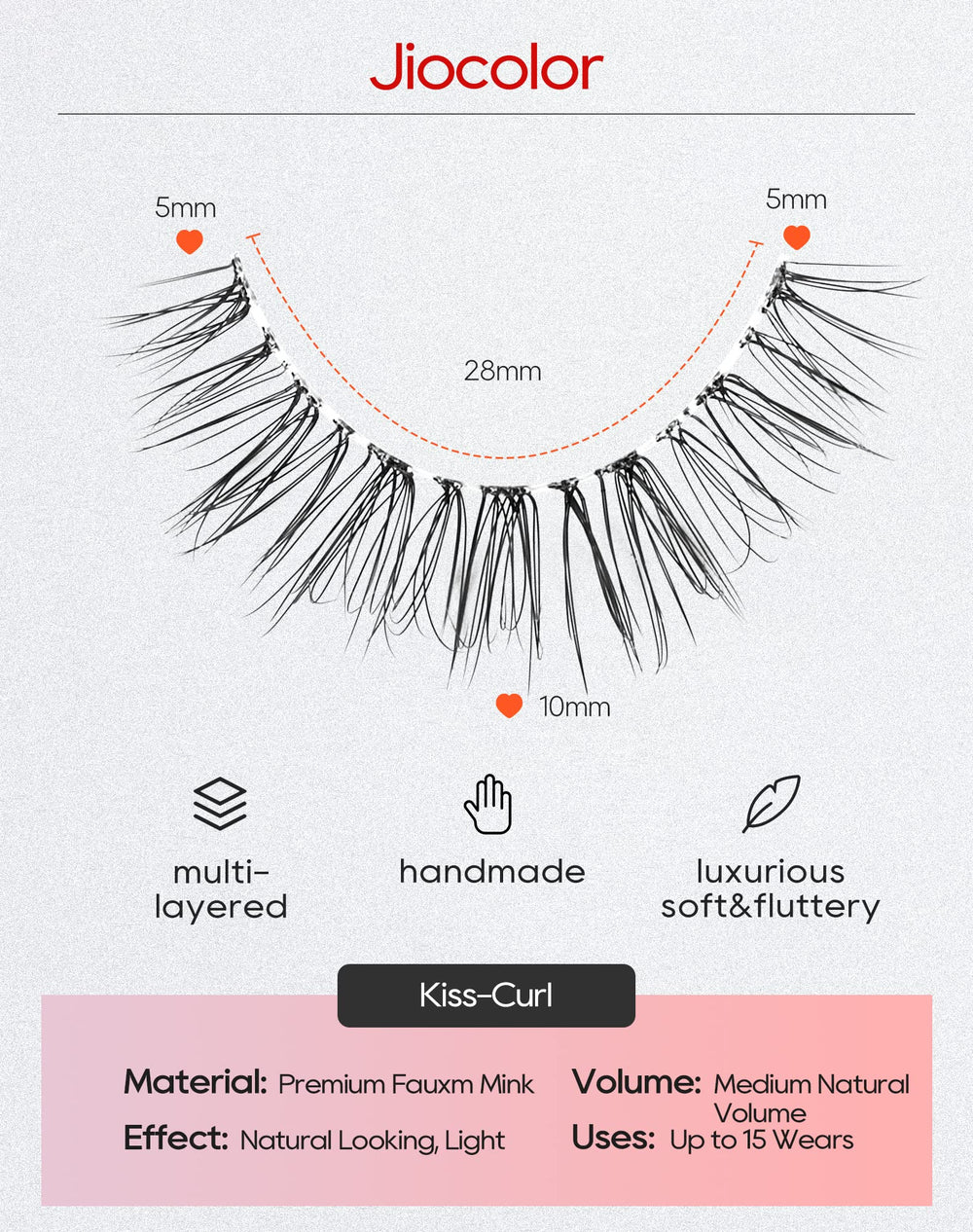 Jiocolor Fairy Strip Lashes 3D volume effect enhances eye shape with lightweight comfort.
