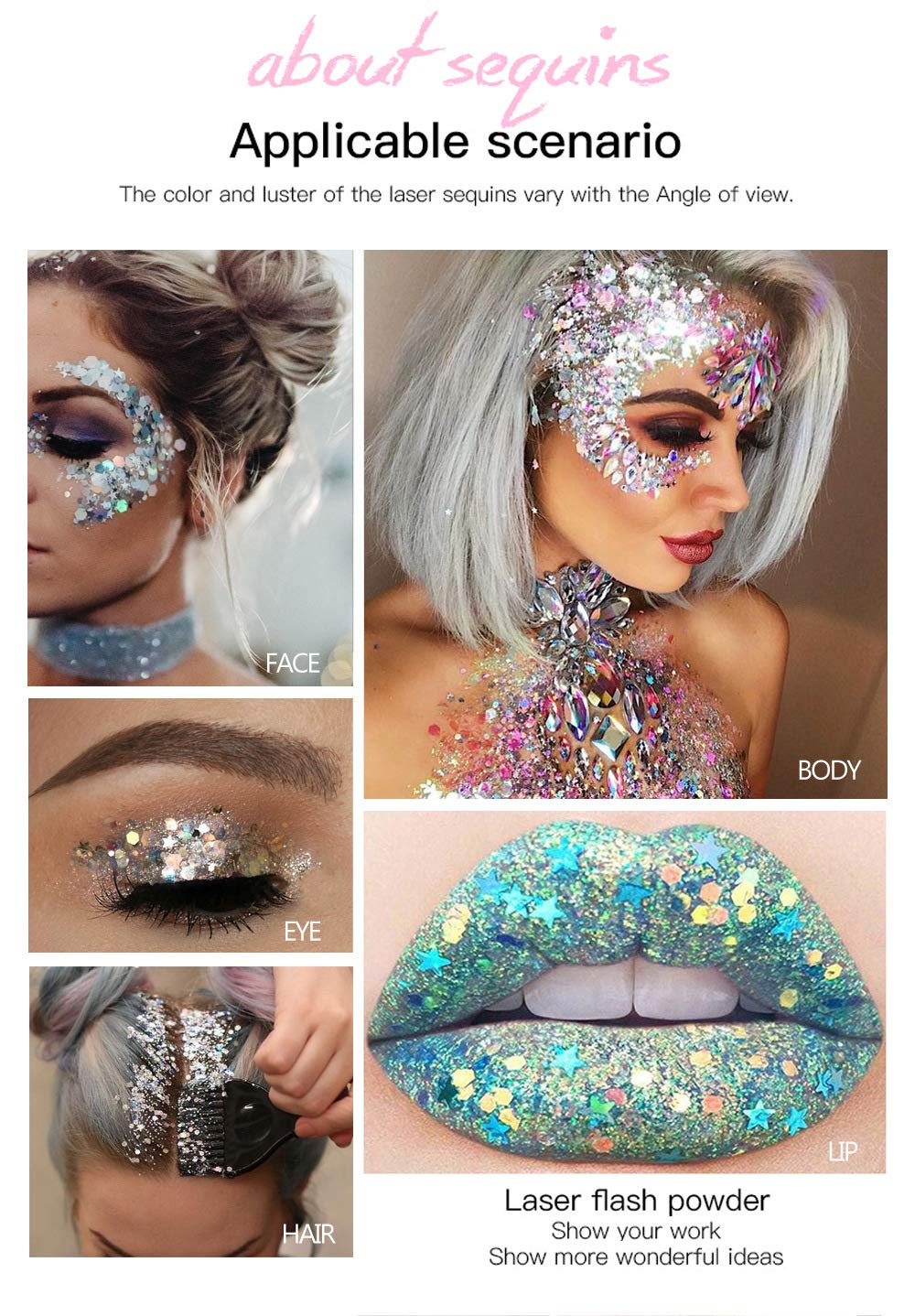 JISKG glitter works on face, body, hair, cheeks, and nails for versatility.