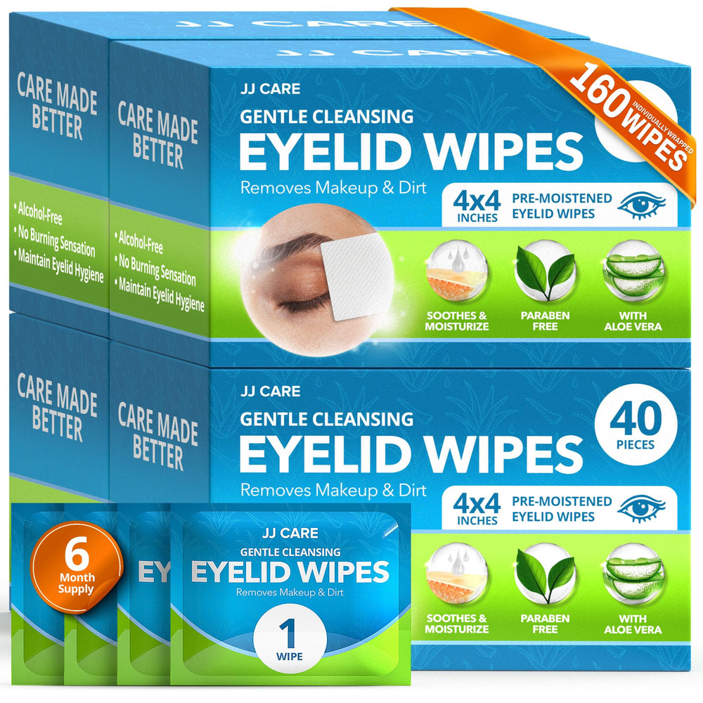 JJ CARE eyelid wipes in individually wrapped packets for convenient eye hygiene on the go.