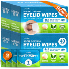 JJ CARE eyelid wipes in individually wrapped packets for convenient eye hygiene on the go.
