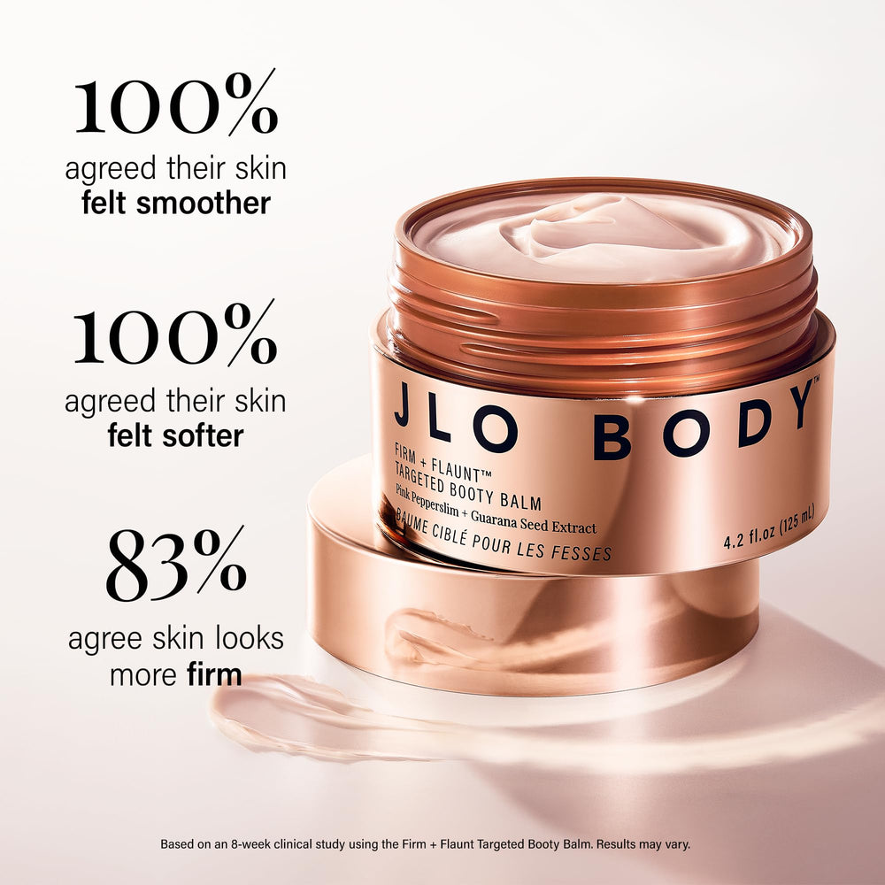JLO BEAUTY Booty Balm with guarana energizing the skin.