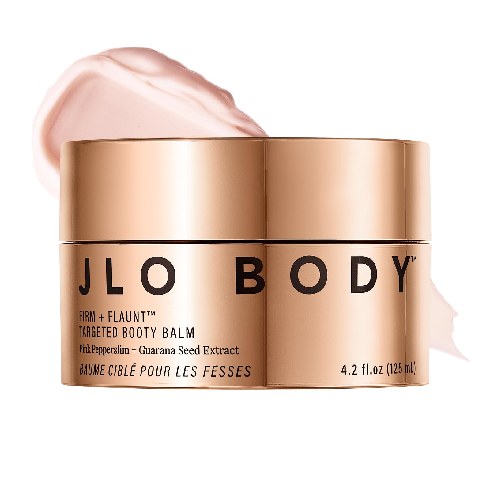 JLO BEAUTY Booty Balm jar close-up showing rich hydration.