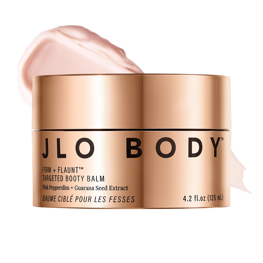 JLO BEAUTY Booty Balm jar close-up showing rich hydration.