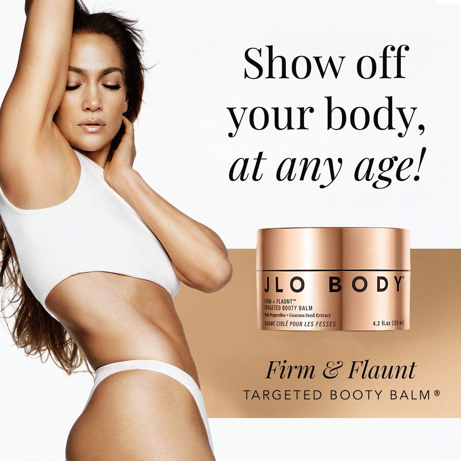 JLO BEAUTY Booty Balm massaged into skin for firming.