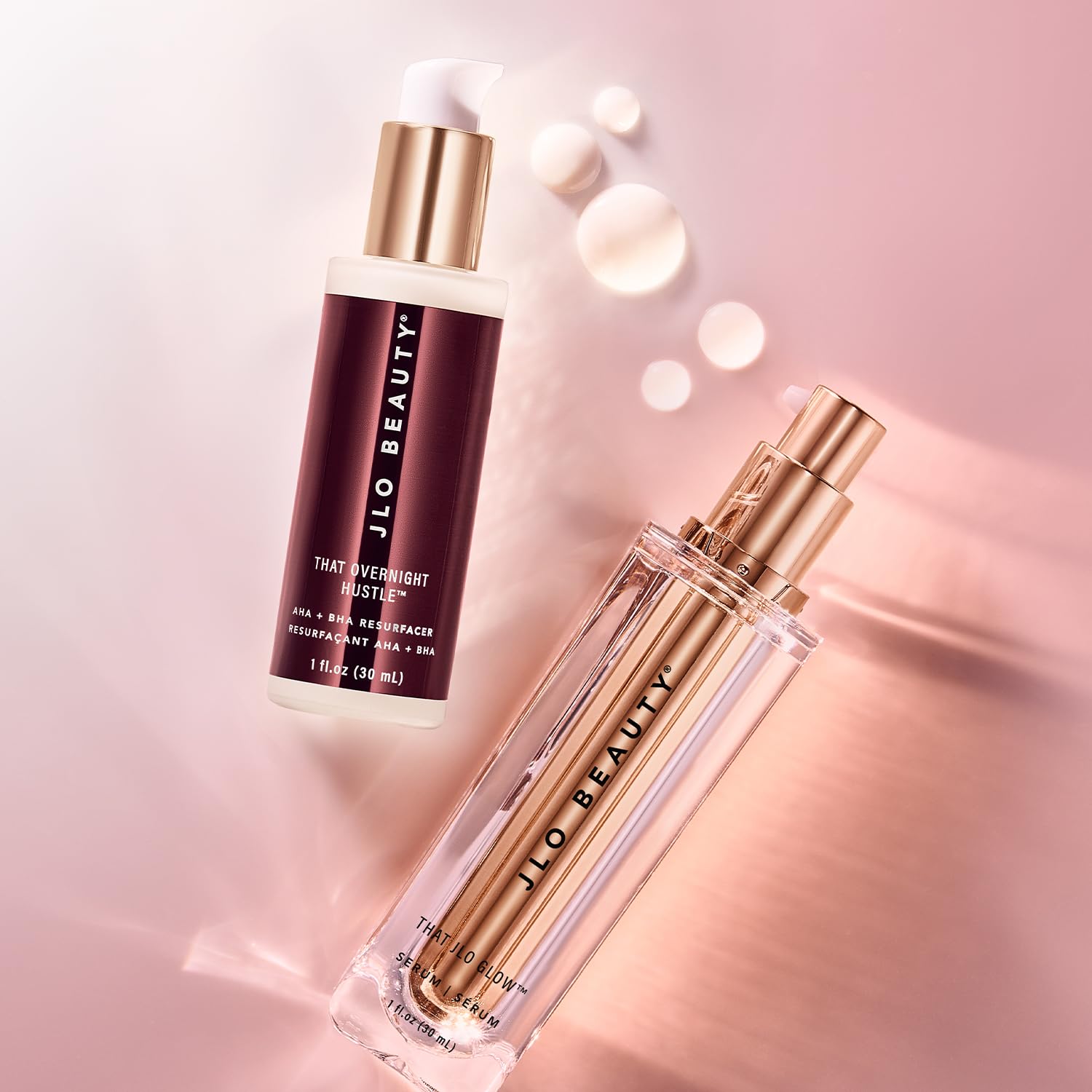 JLO Beauty dual-serum display showing day and night care.