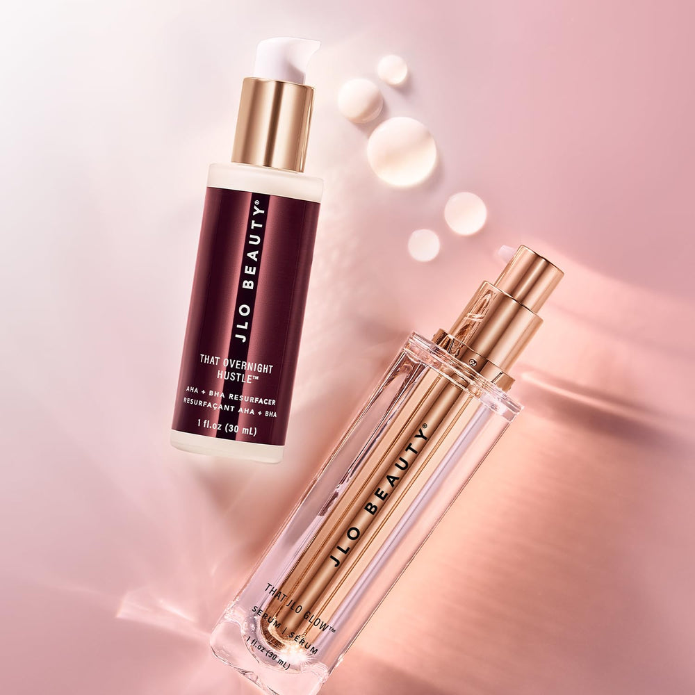 JLO Beauty dual-serum display showing day and night care.