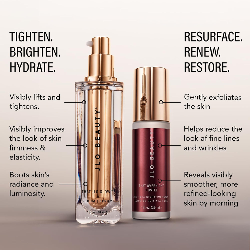 JLO Beauty Night Serum bottle pump for renewed skin by morning.