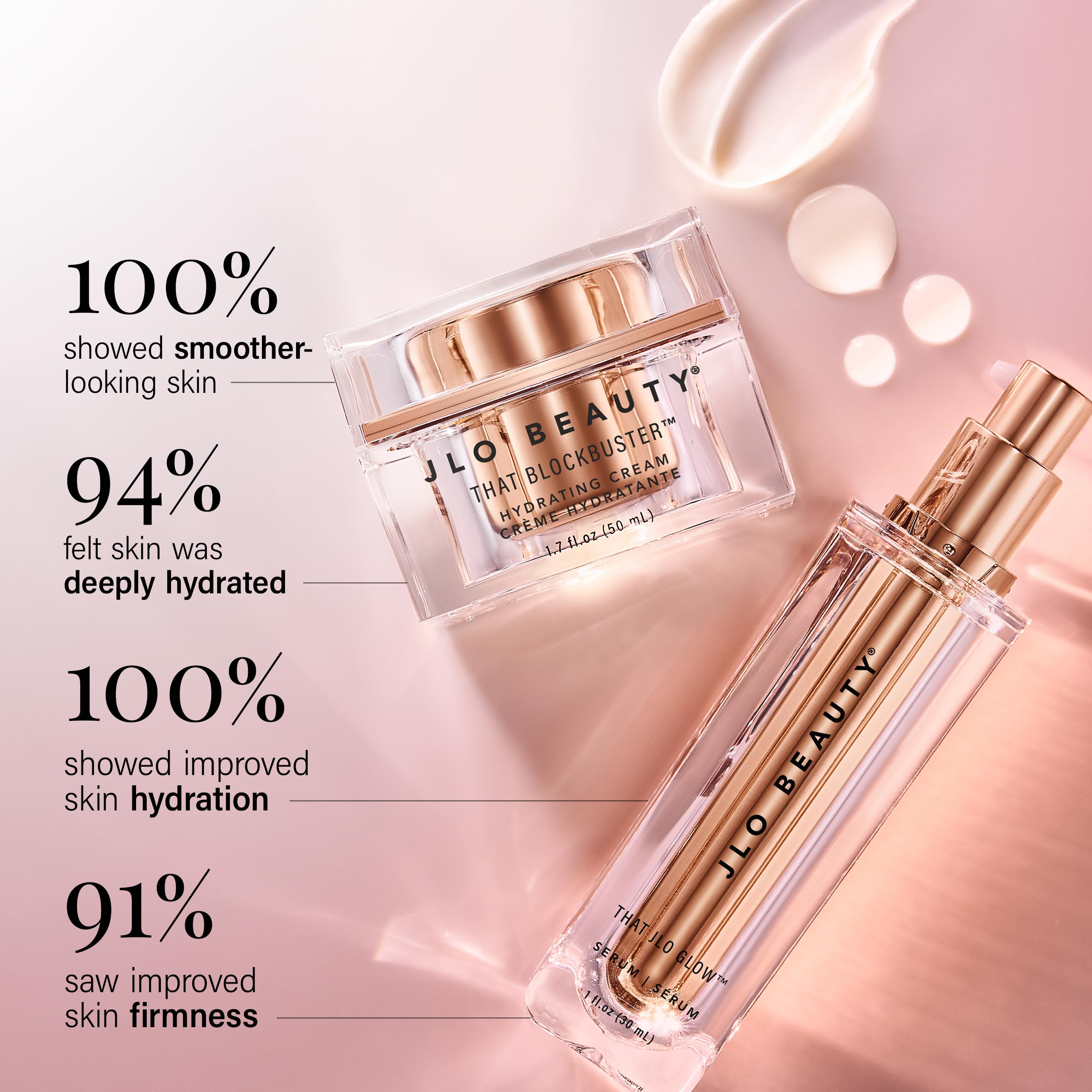 JLO BEAUTY That Blockbuster Hydrating Cream jar highlights rich hydration and plump-looking skin.