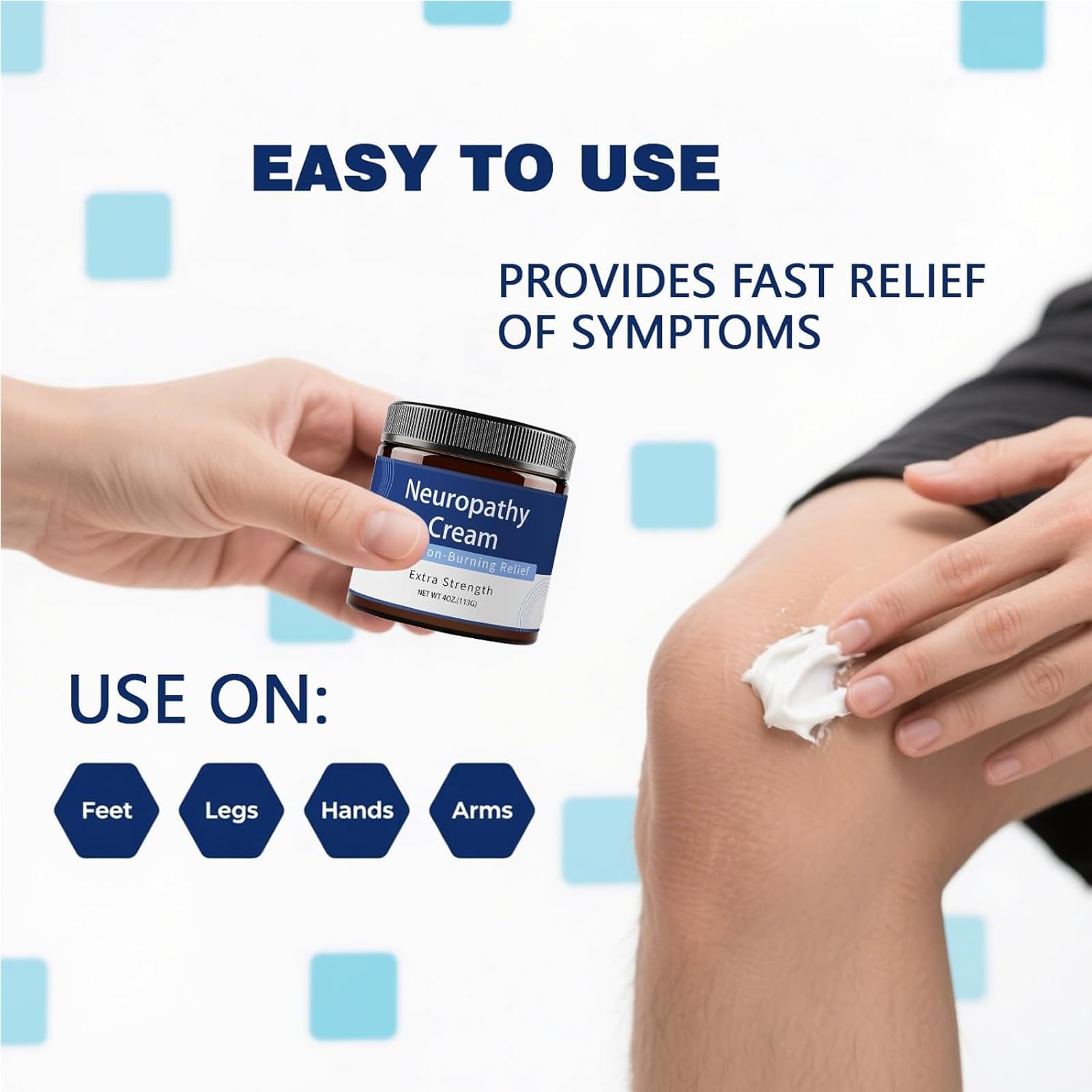 JLQJLQ Neuropathy Cream application on hand demonstrates soothing, fast-absorbing relief for daily use.
